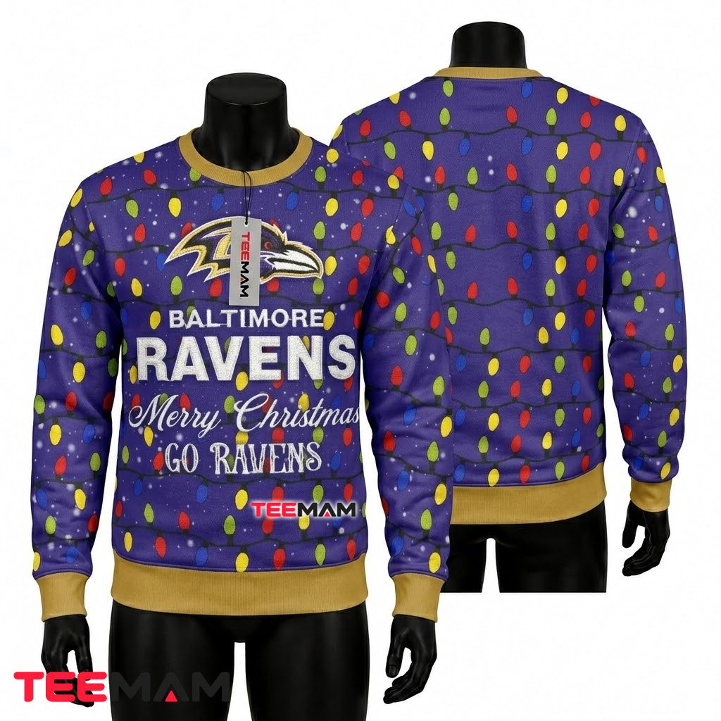Baltimore Ravens Ugly Christmas Sweater String Lights Merry Design Front