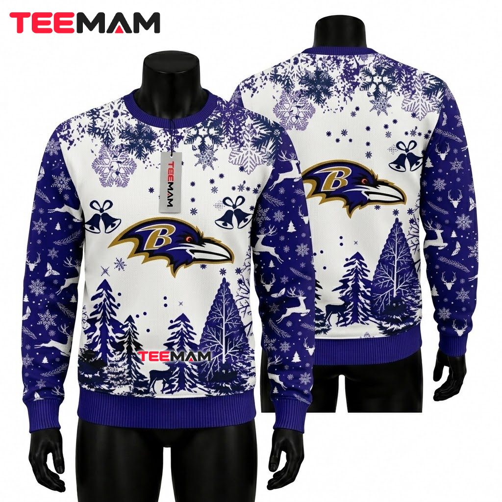 Baltimore Ravens Ugly Sweater Christmas Bells Winter Forest Design Front
