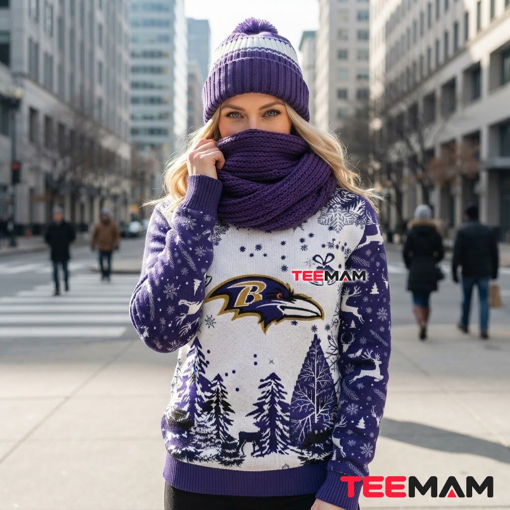 Baltimore Ravens Ugly Sweater Christmas Bells Winter Forest Design Back Baltimore Ravens Ugly Sweater Christmas Bells Winter Forest Design Back