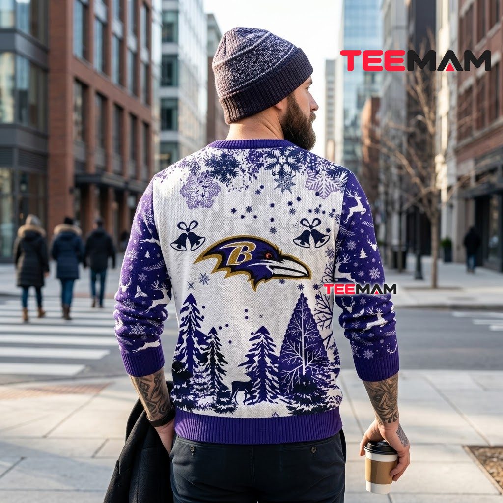 Baltimore Ravens Ugly Sweater Christmas Bells Winter Forest Design Version 3 Baltimore Ravens Ugly Sweater Christmas Bells Winter Forest Design Version 3