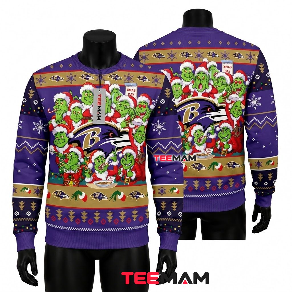 Baltimore Ravens Ugly Sweater Christmas Grinch Squad Xmas Day Design Front