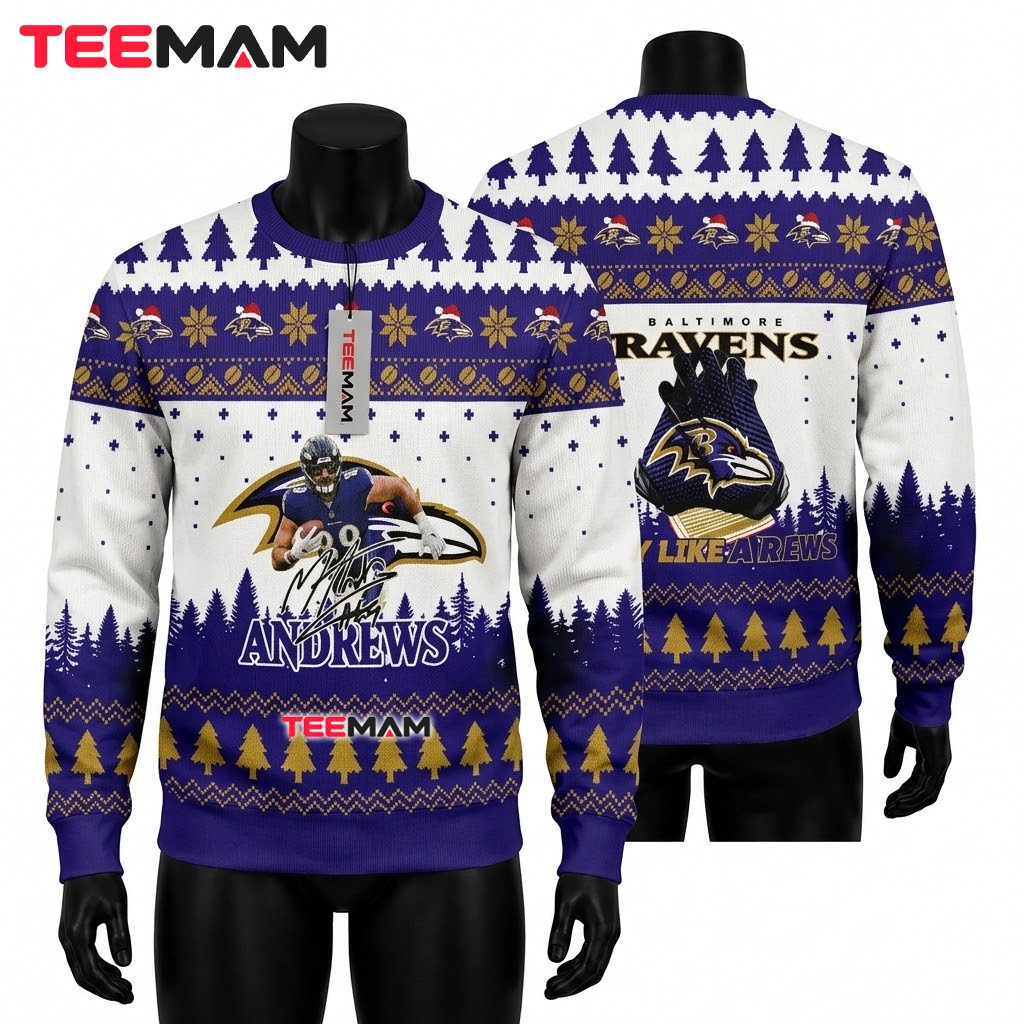Baltimore Ravens Ugly Sweater Christmas Mark Andrews Player Design Front