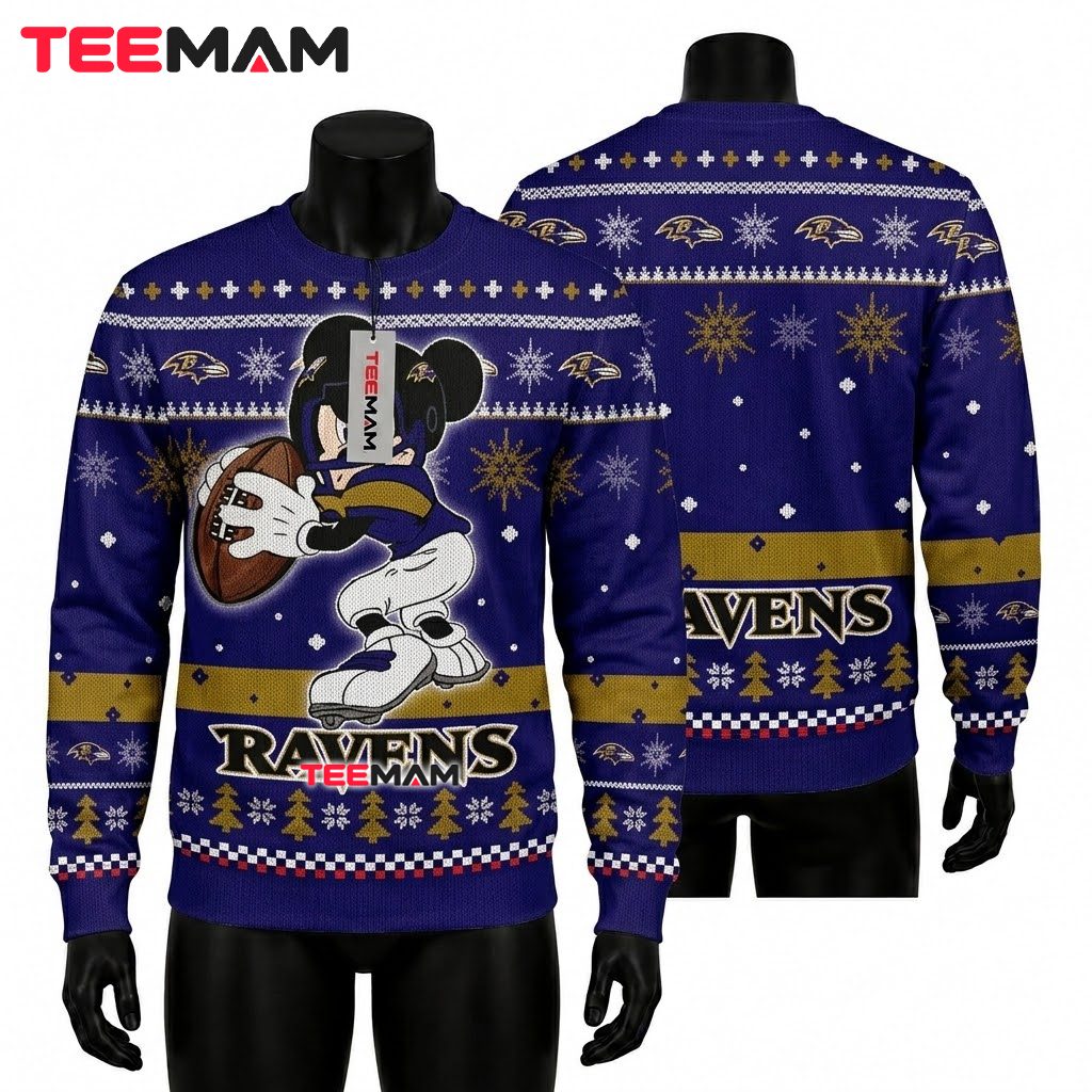 Baltimore Ravens Ugly Sweater Christmas Mickey Mouse Football Design Front