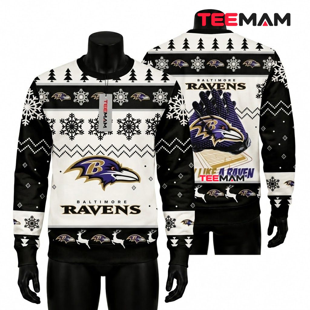 Baltimore Ravens Ugly Sweater Christmas Play Like Raven Front
