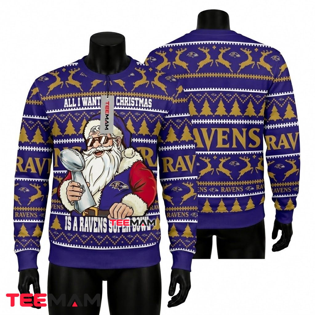Baltimore Ravens Ugly Sweater Christmas Santa Super Bowl Trophy Front