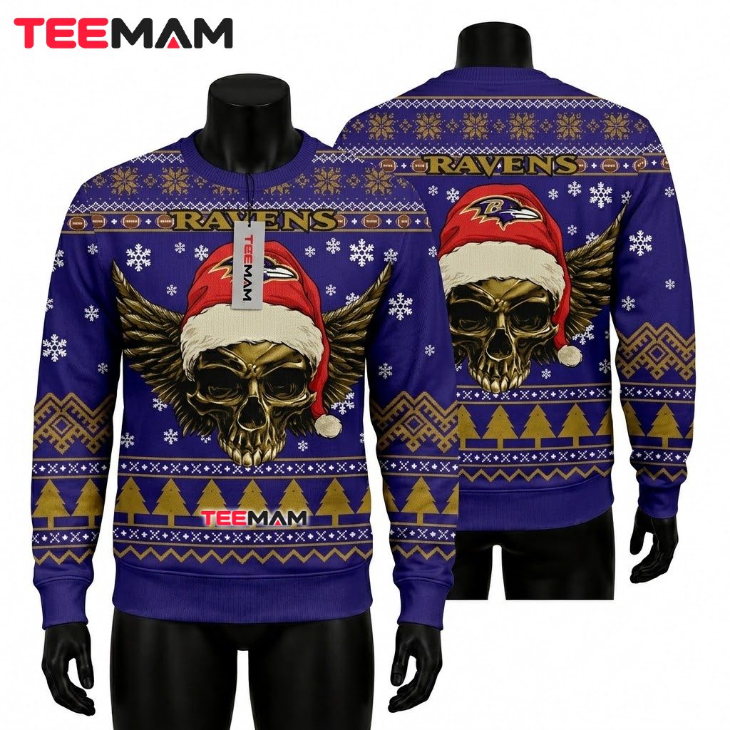 Baltimore Ravens Ugly Sweater Christmas Skull Wings Santa Hat Design Front