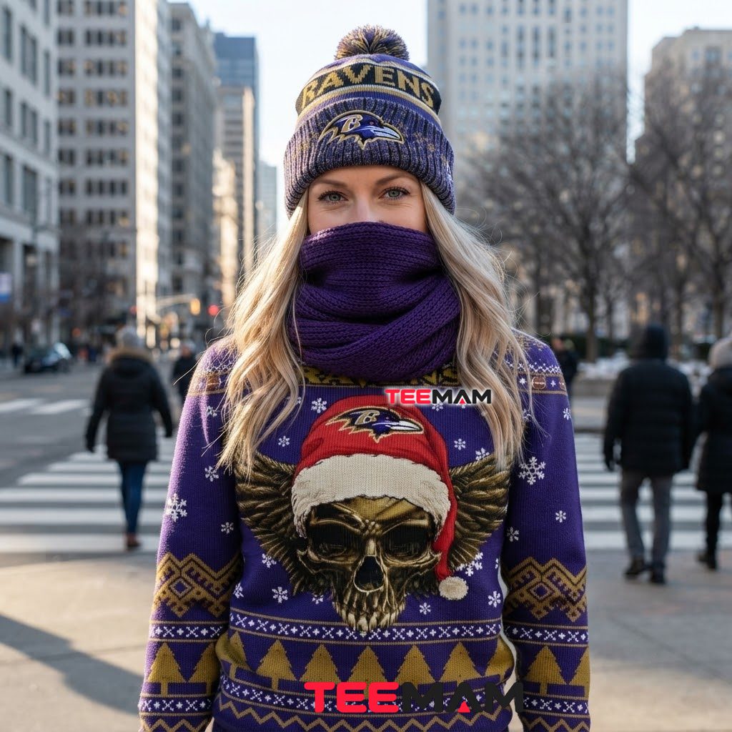 Baltimore Ravens Ugly Sweater Christmas Skull Wings Santa Hat Design Back Baltimore Ravens Ugly Sweater Christmas Skull Wings Santa Hat Design Back