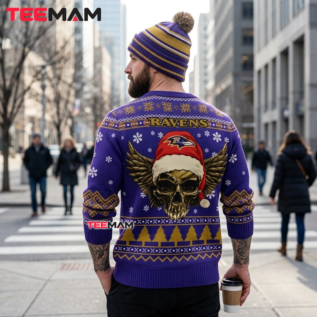 Baltimore Ravens Ugly Sweater Christmas Skull Wings Santa Hat Design Version 3 Baltimore Ravens Ugly Sweater Christmas Skull Wings Santa Hat Design Version 3