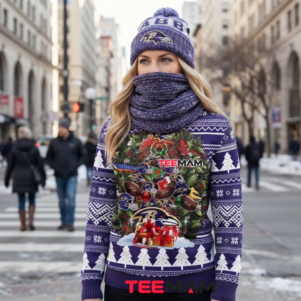 Baltimore Ravens Ugly Sweater Christmas Tree Wreath Helmet Design Back Baltimore Ravens Ugly Sweater Christmas Tree Wreath Helmet Design Back