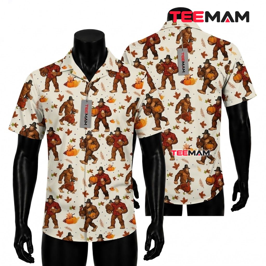 Bigfoot Pilgrim Thanksgiving Hawaiian Shirt Pumpkin Turkey Front
