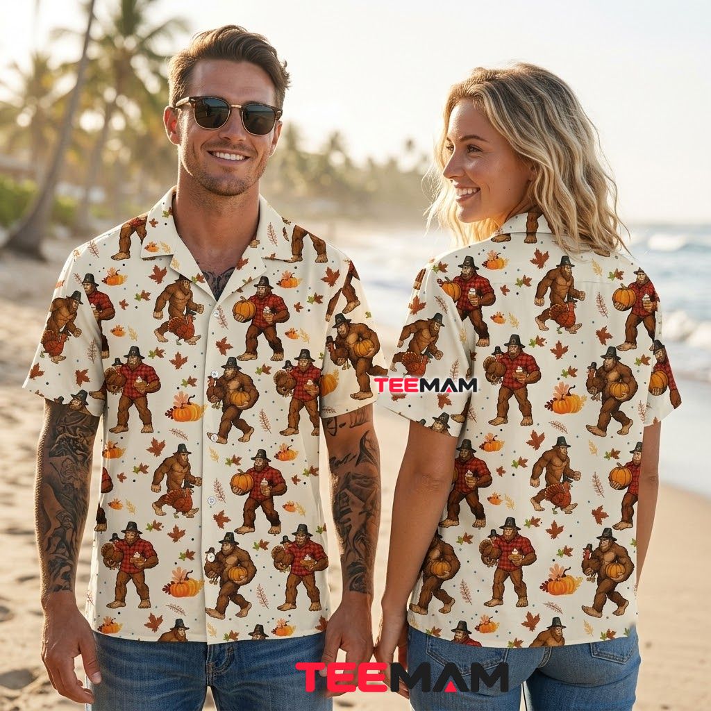 Bigfoot Pilgrim Thanksgiving Hawaiian Shirt Pumpkin Turkey Back Bigfoot Pilgrim Thanksgiving Hawaiian Shirt Pumpkin Turkey Back