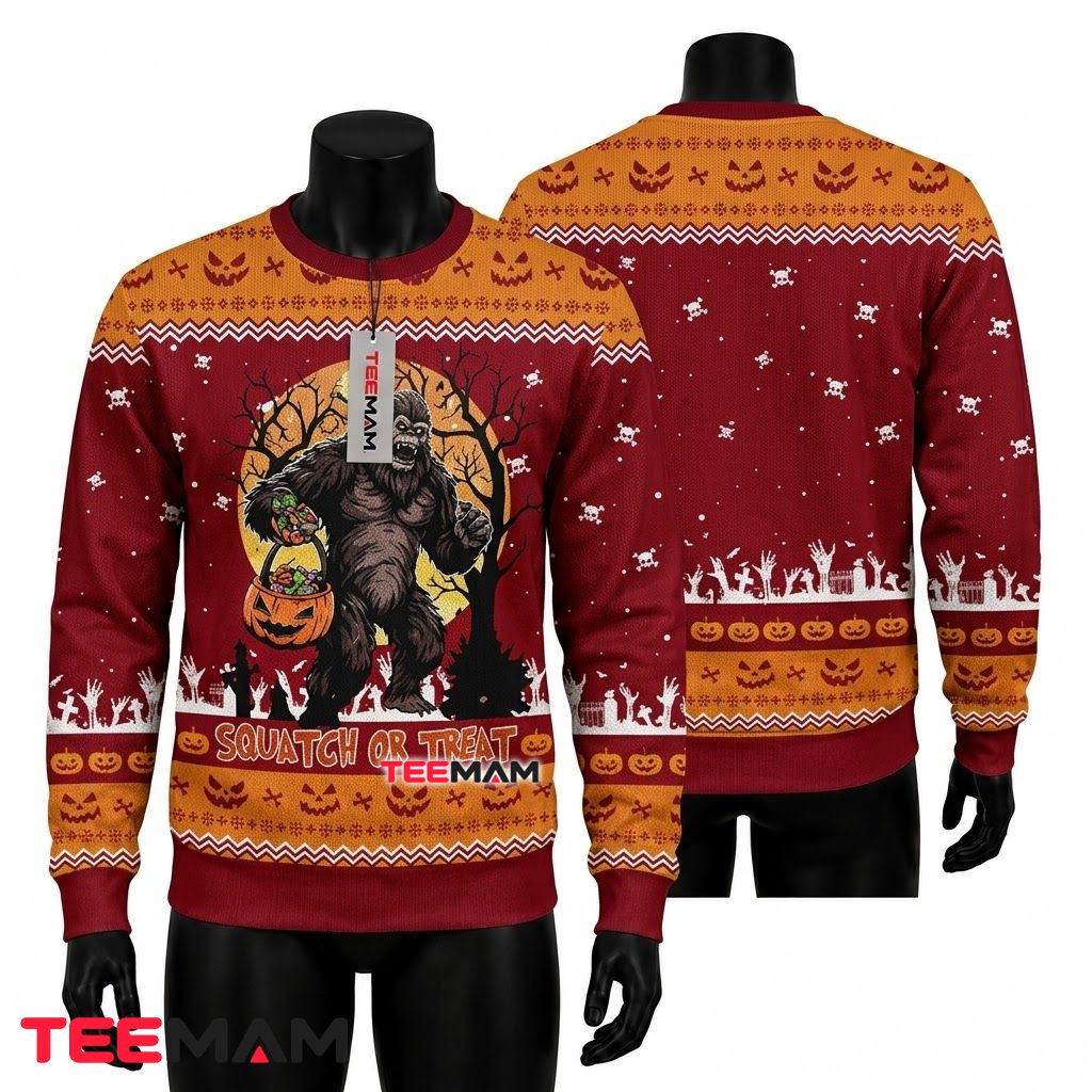 Bigfoot Ugly Halloween Sweater Squatch Or Treat Print Front