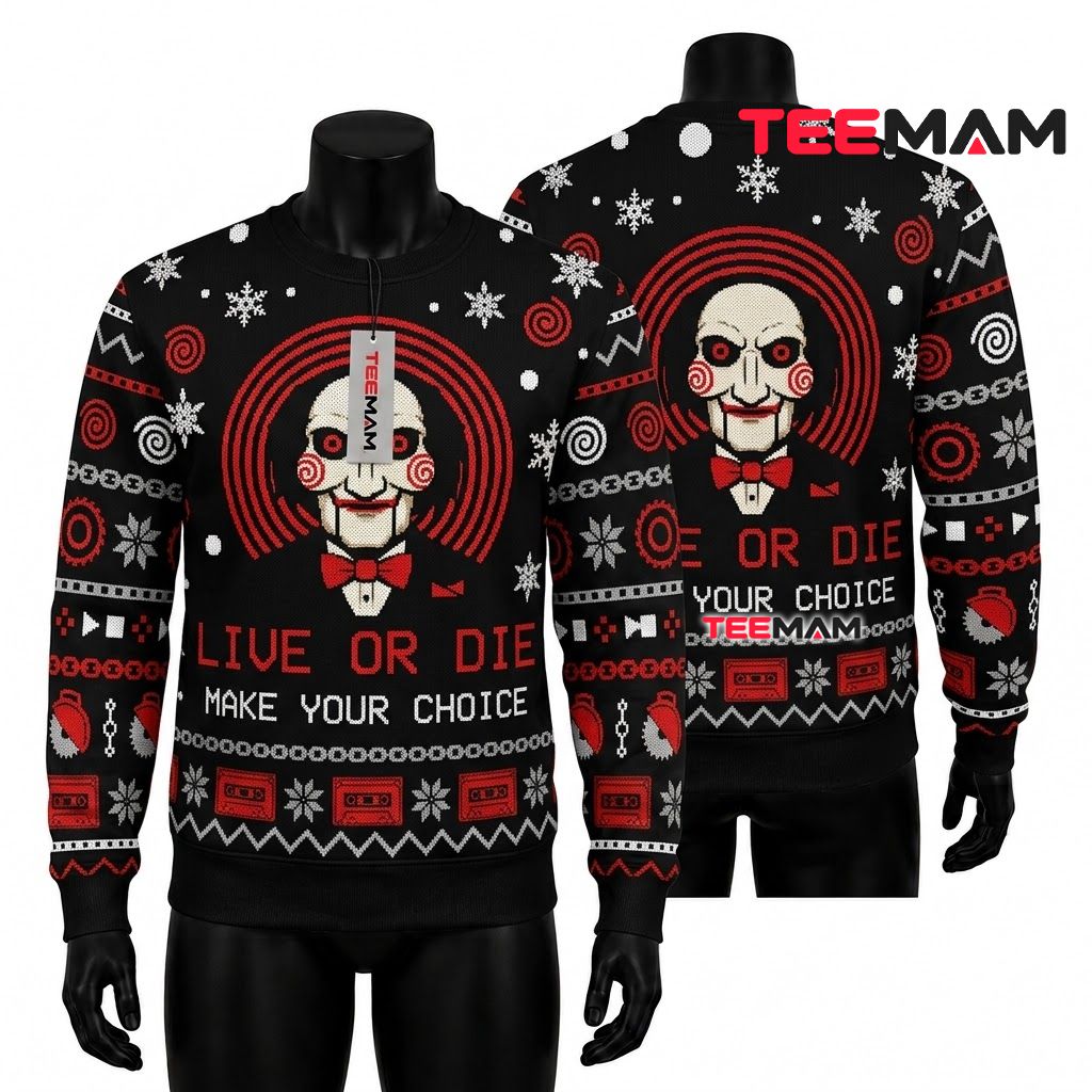 Billy Puppet Ugly Halloween Sweater Live Die Choice Front