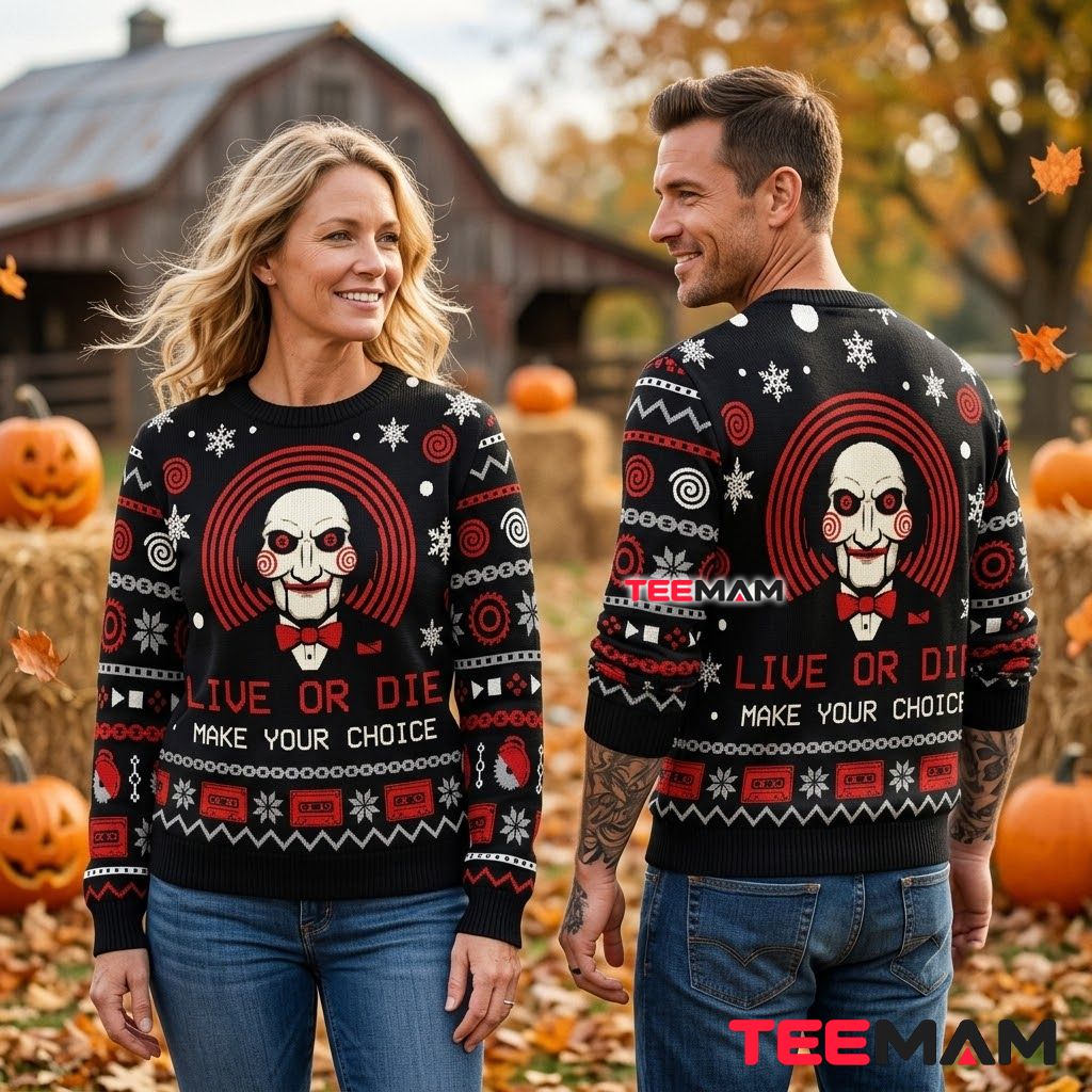 Billy Puppet Ugly Halloween Sweater Live Die Choice Back Billy Puppet Ugly Halloween Sweater Live Die Choice Back