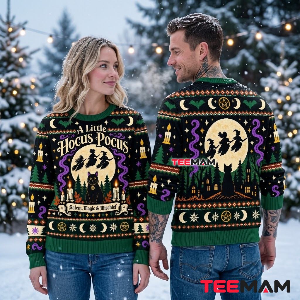 Black Cat Ugly Christmas Sweater A Little Hocus Pocus Witch Back Black Cat Ugly Christmas Sweater A Little Hocus Pocus Witch Back