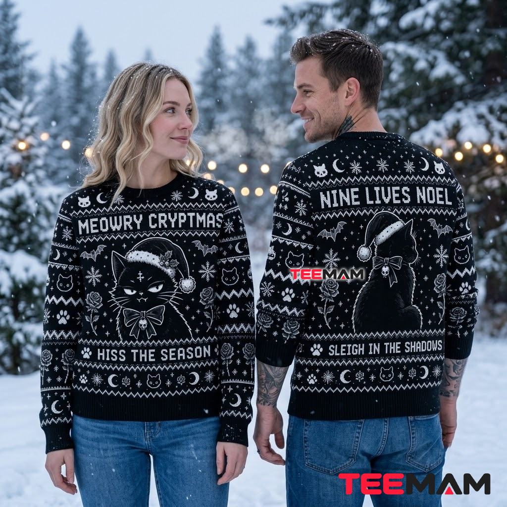 Black Cat Ugly Christmas Sweater Meowry Cryptmas Nine Lives Noel Back Black Cat Ugly Christmas Sweater Meowry Cryptmas Nine Lives Noel Back