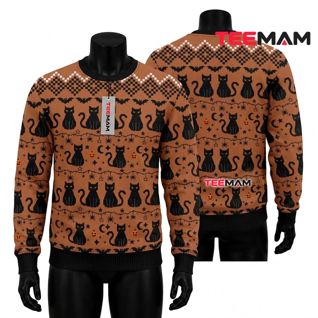 Black Cat Ugly Halloween Sweater Bat Spider Orange Pattern Front