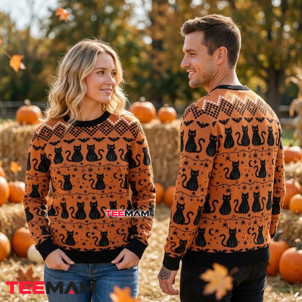 Black Cat Ugly Halloween Sweater Bat Spider Orange Pattern Back Black Cat Ugly Halloween Sweater Bat Spider Orange Pattern Back