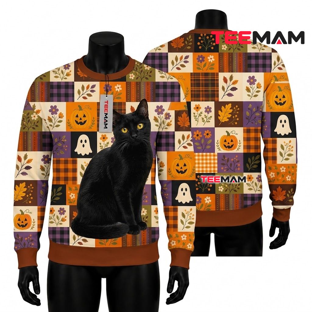 Black Cat Ugly Halloween Sweater Ghost Pumpkin Patchwork Print Front