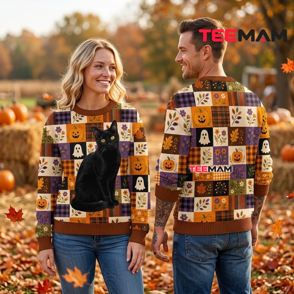 Black Cat Ugly Halloween Sweater Ghost Pumpkin Patchwork Print Back Black Cat Ugly Halloween Sweater Ghost Pumpkin Patchwork Print Back