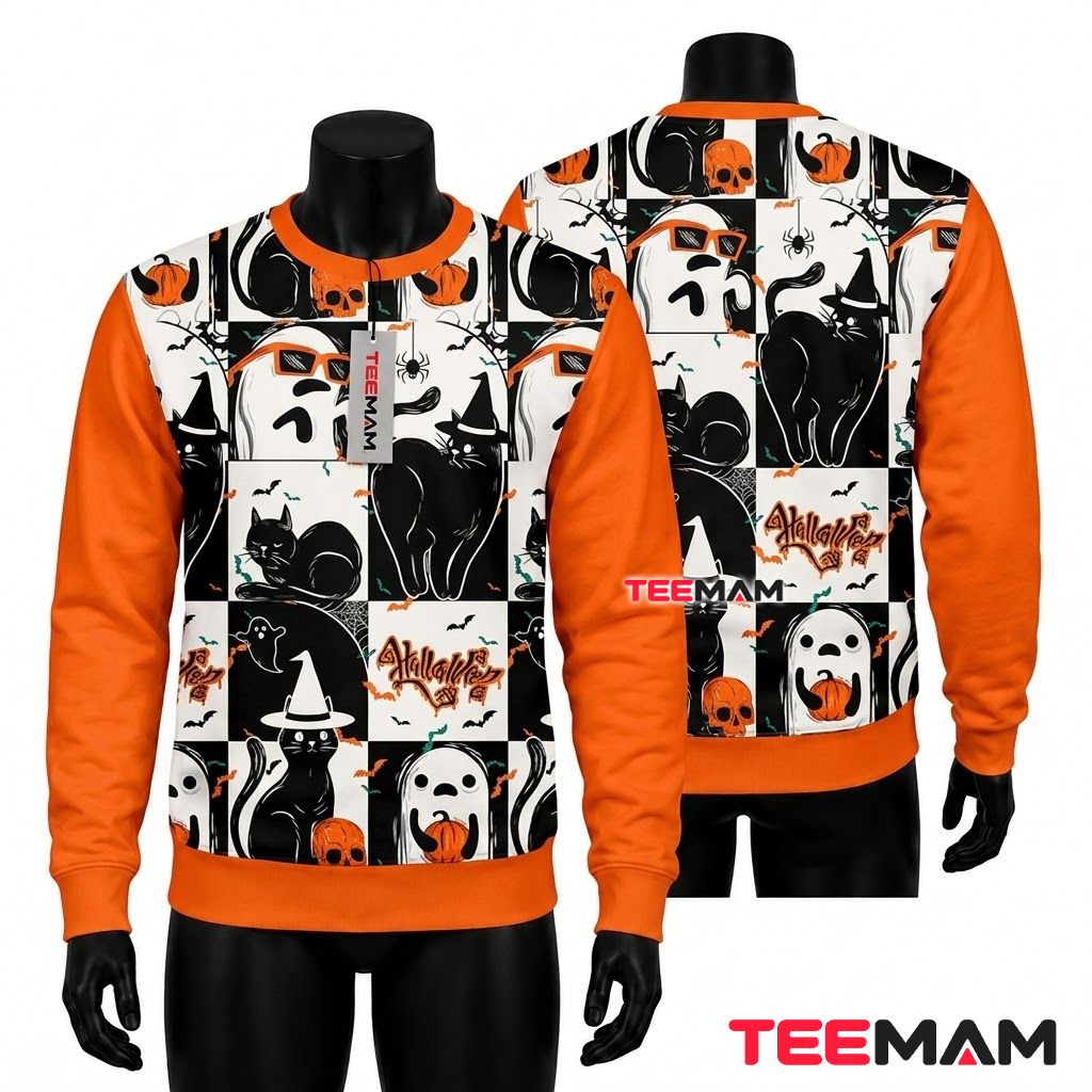 Black Cat Ugly Halloween Sweater Ghost Skull Checkered Print Front