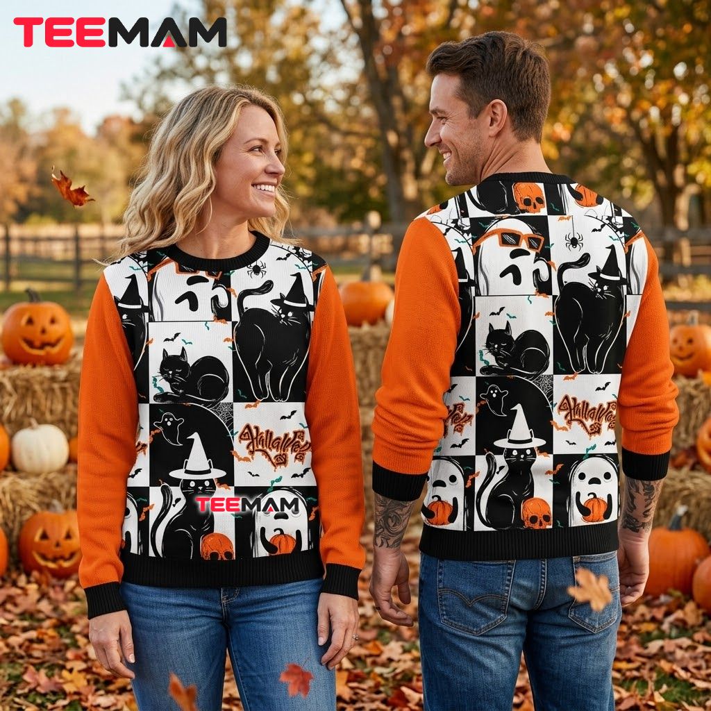 Black Cat Ugly Halloween Sweater Ghost Skull Checkered Print Back Black Cat Ugly Halloween Sweater Ghost Skull Checkered Print Back