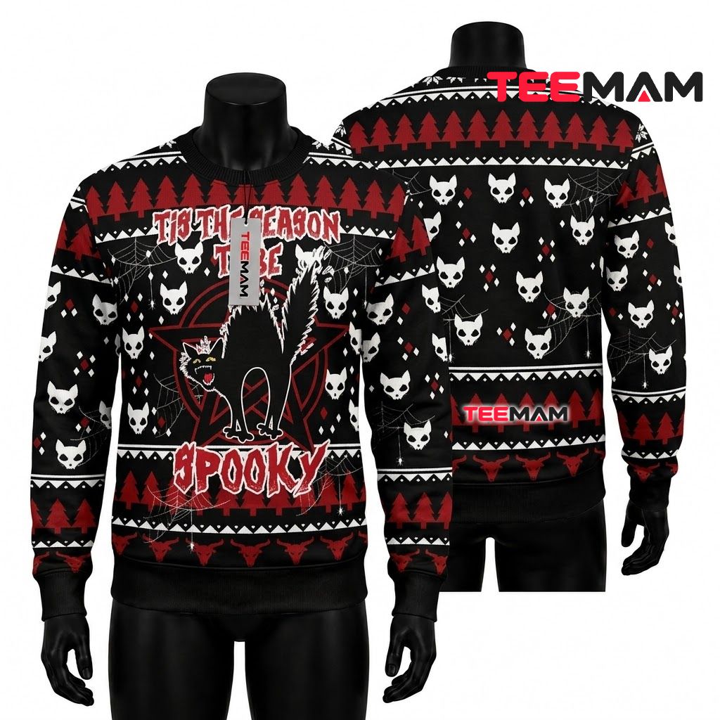 Black Cat Ugly Halloween Sweater Tis Season Spooky Pentagram Front