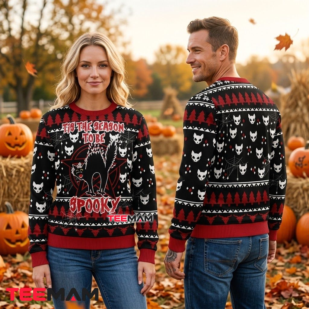 Black Cat Ugly Halloween Sweater Tis Season Spooky Pentagram Back Black Cat Ugly Halloween Sweater Tis Season Spooky Pentagram Back