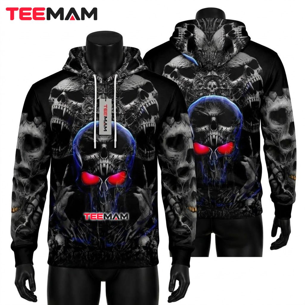 Blue Fire Skull Demon 3D Hoodie Front