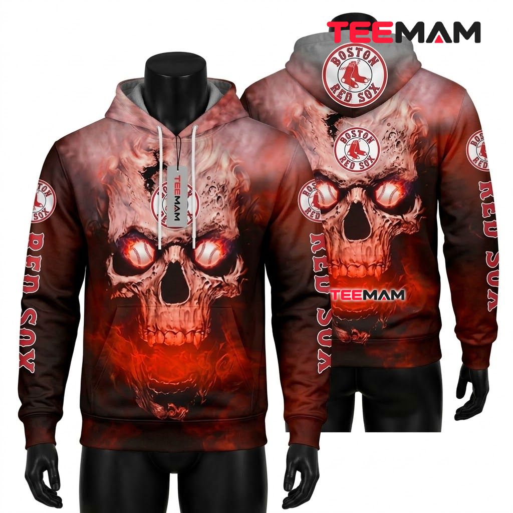 Boston Red Sox 3D Hoodie Fire Skull Front