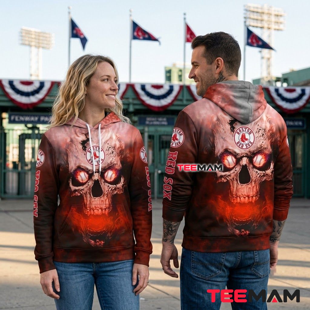 Boston Red Sox 3D Hoodie Fire Skull Back Boston Red Sox 3D Hoodie Fire Skull Back