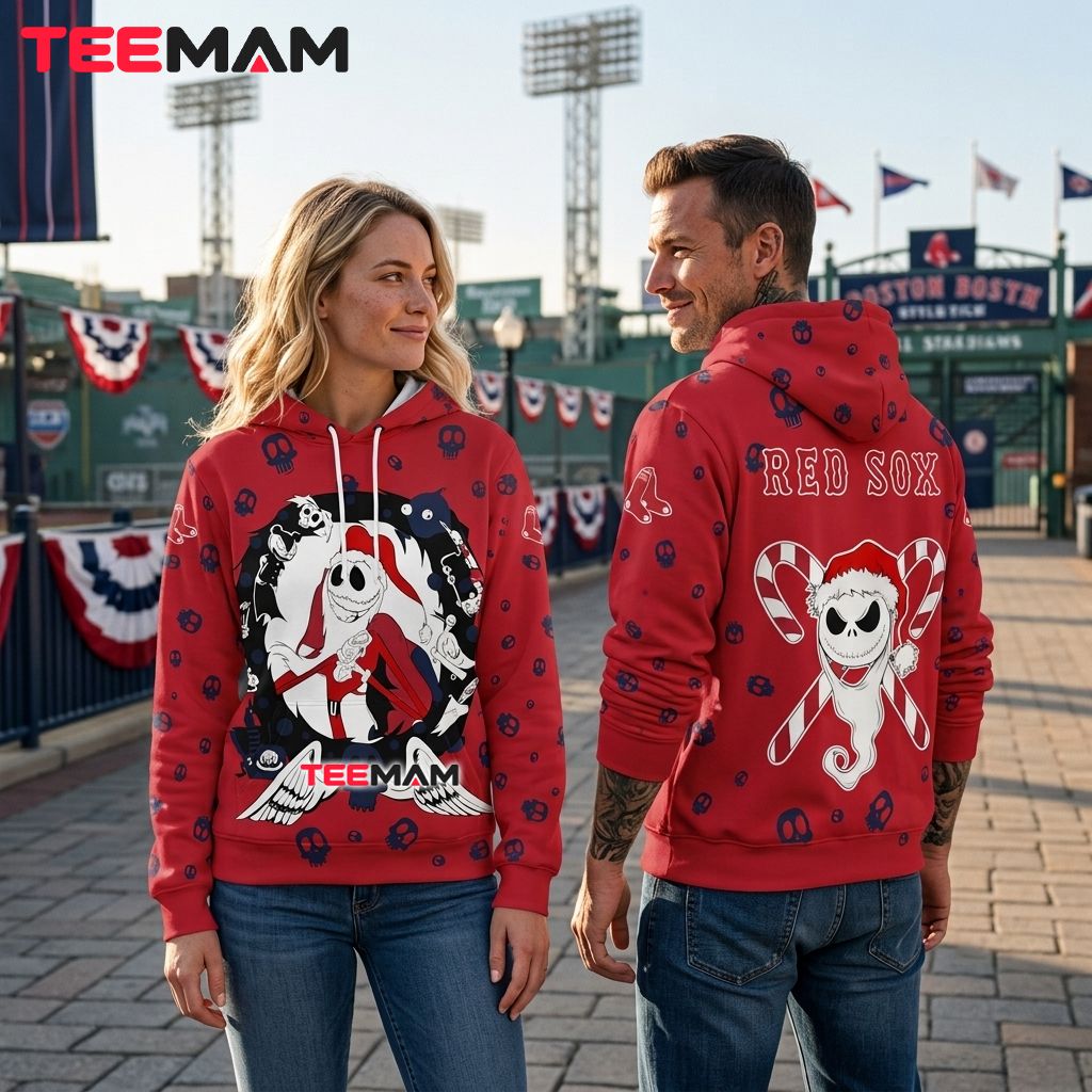 Boston Red Sox 3D Hoodie Santa Skellington Back Boston Red Sox 3D Hoodie Santa Skellington Back