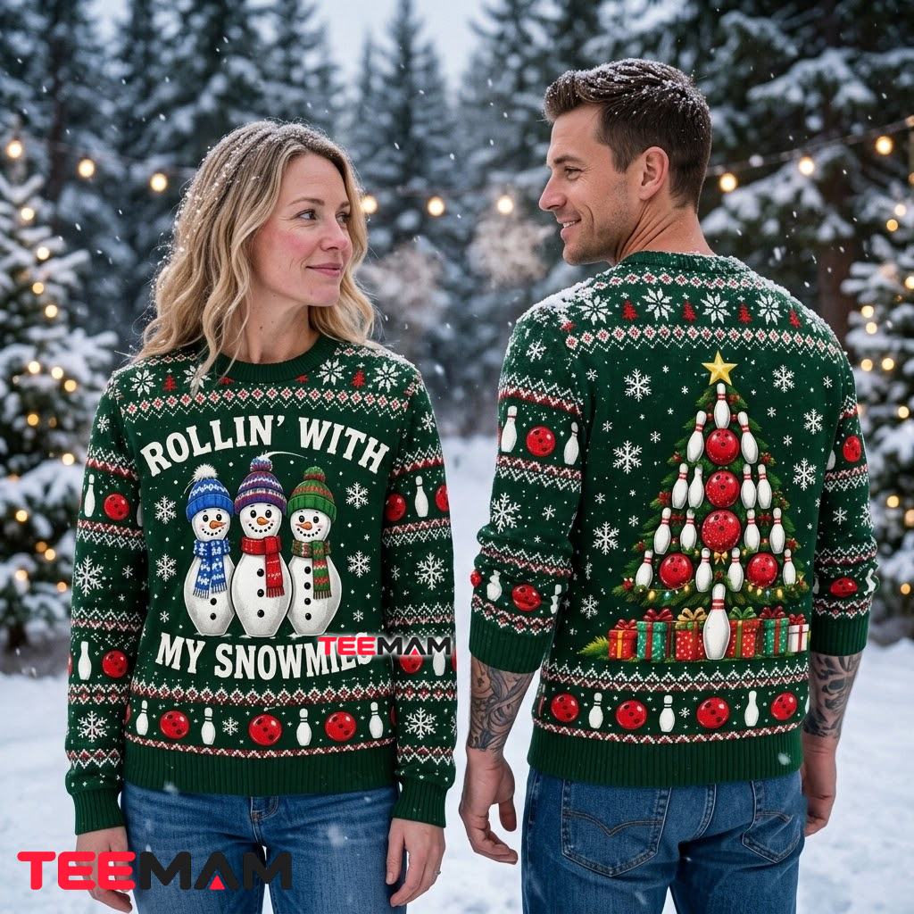 Bowling Snowman Ugly Christmas Sweater Rollin With My Snowmies Back Bowling Snowman Ugly Christmas Sweater Rollin With My Snowmies Back