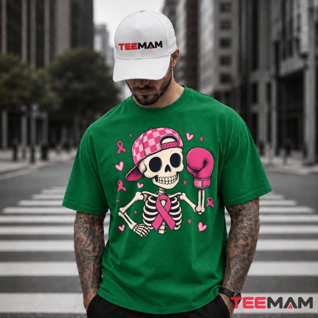Boxing Skeleton Checkered Cap Pink Ribbon T-Shirt