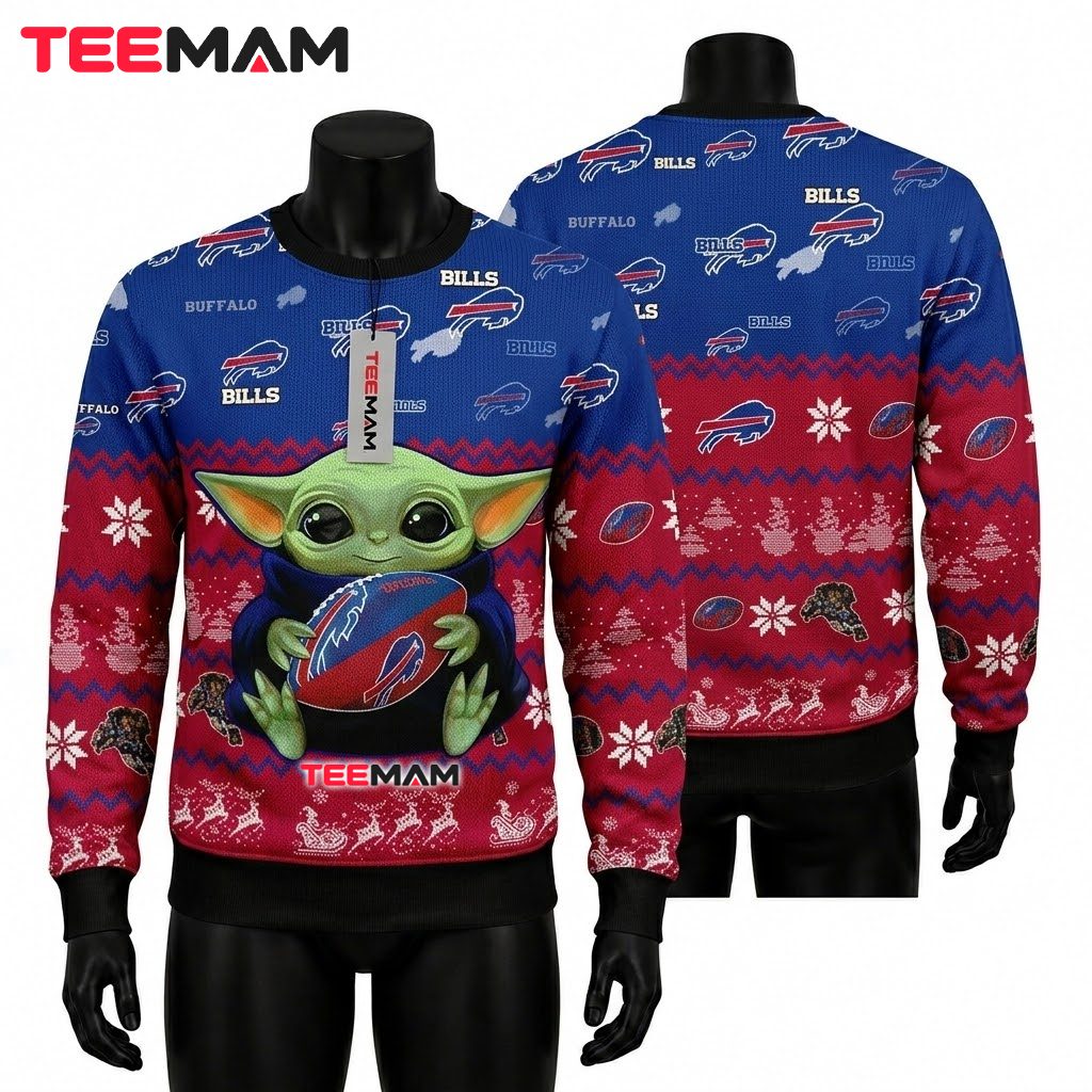Buffalo Bills Ugly Christmas Sweater Baby Yoda Football Front