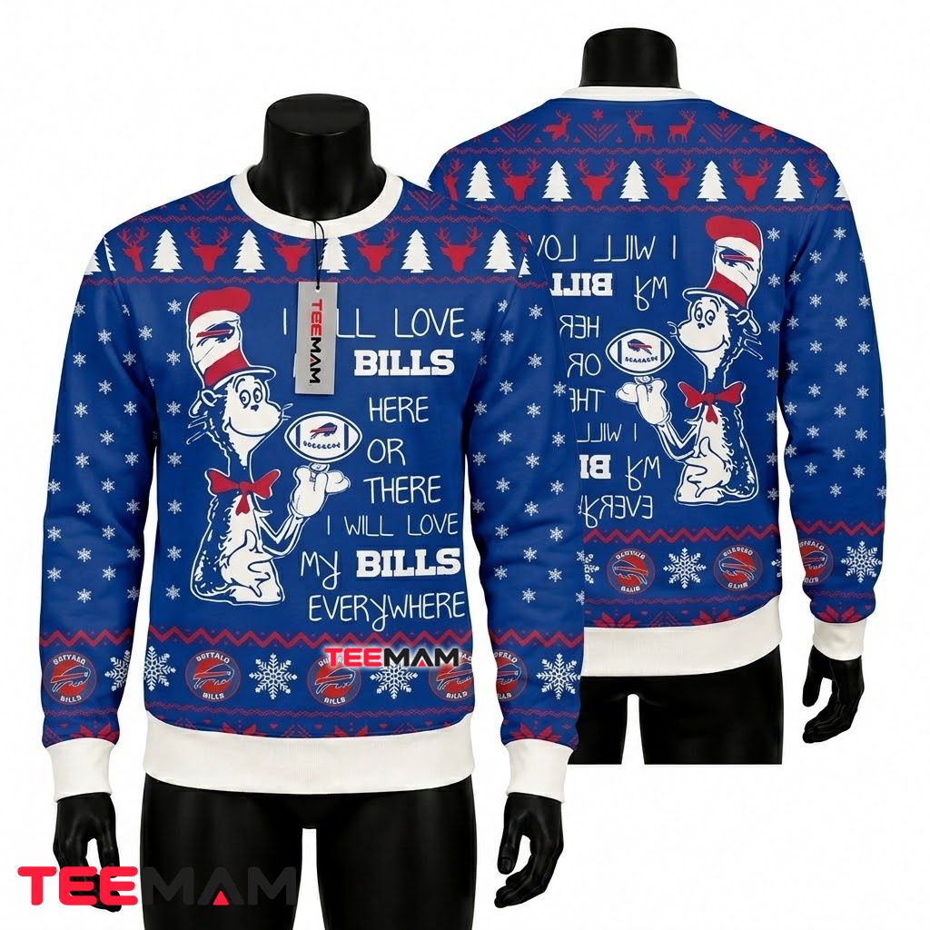 Buffalo Bills Ugly Christmas Sweater Cat In Hat Quote Front
