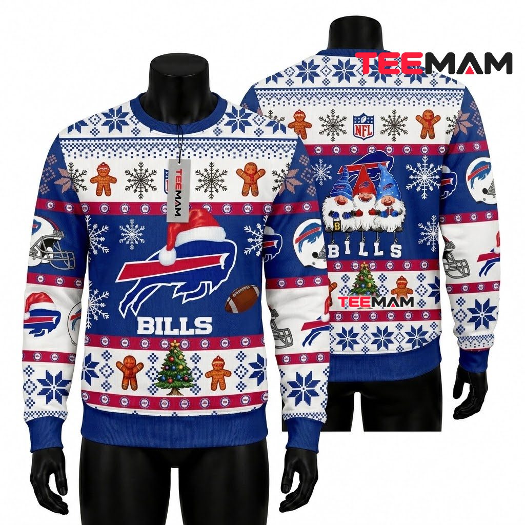 Buffalo Bills Ugly Christmas Sweater Gnomes Gingerbread Logo Front