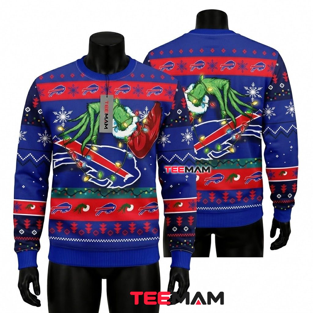 Buffalo Bills Ugly Christmas Sweater Grinch Hand Lights Front