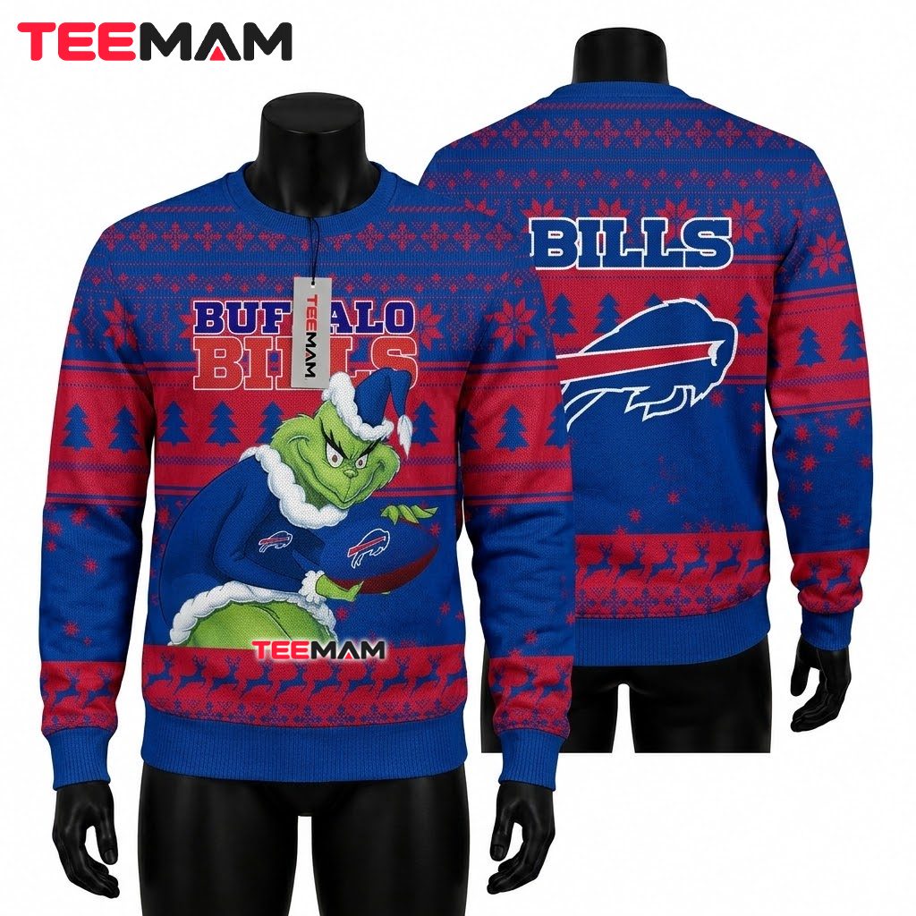 Buffalo Bills Ugly Christmas Sweater Grinch Holding Football Front