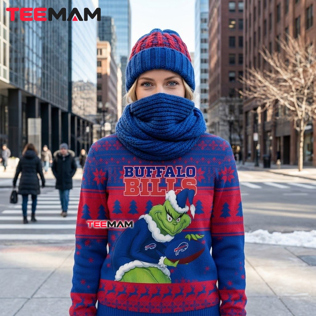 Buffalo Bills Ugly Christmas Sweater Grinch Holding Football Back Buffalo Bills Ugly Christmas Sweater Grinch Holding Football Back