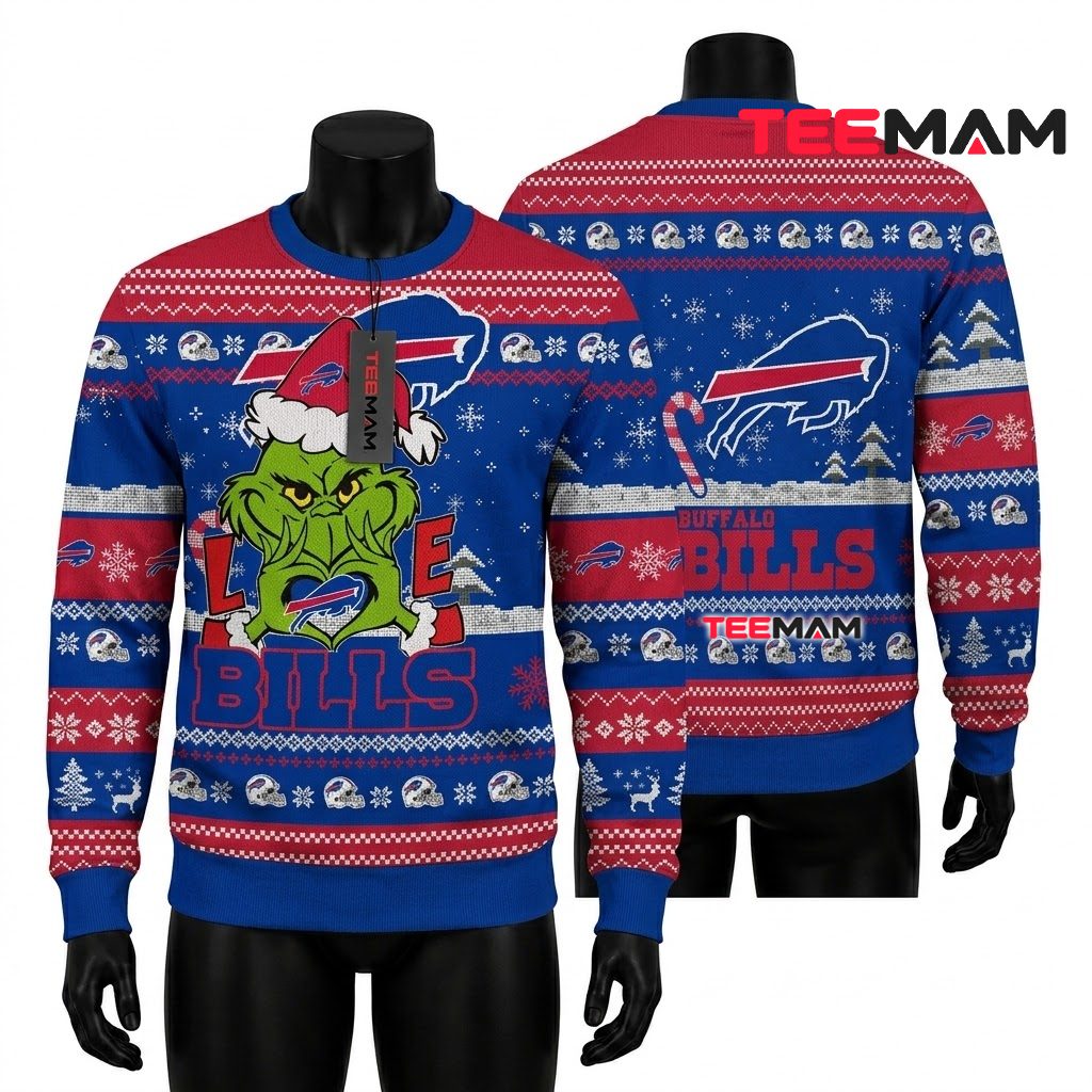 Buffalo Bills Ugly Christmas Sweater Grinch Love Heart Front