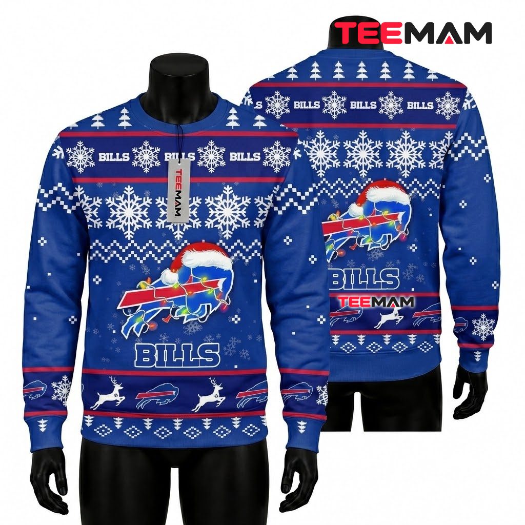 Buffalo Bills Ugly Christmas Sweater Logo Santa Hat Lights Front