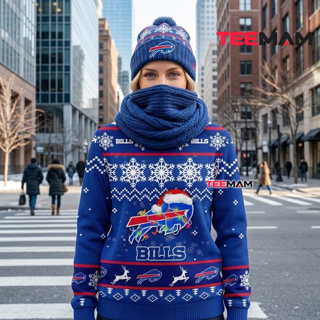 Buffalo Bills Ugly Christmas Sweater Logo Santa Hat Lights Back Buffalo Bills Ugly Christmas Sweater Logo Santa Hat Lights Back