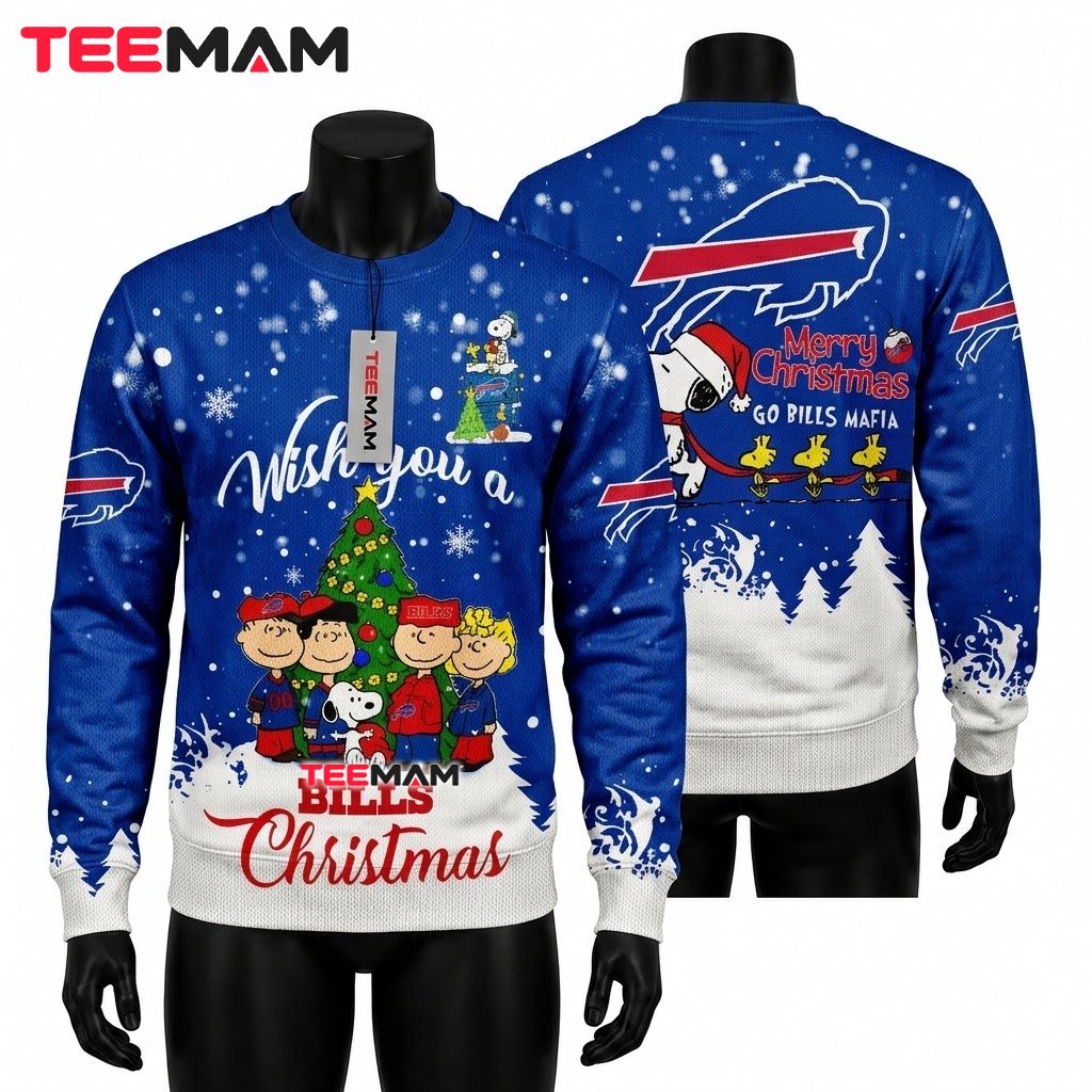 Buffalo Bills Ugly Christmas Sweater Peanuts Gang Snoopy Wish Front