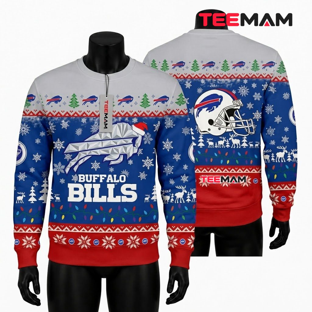 Buffalo Bills Ugly Christmas Sweater Santa Hat Buffalo Front