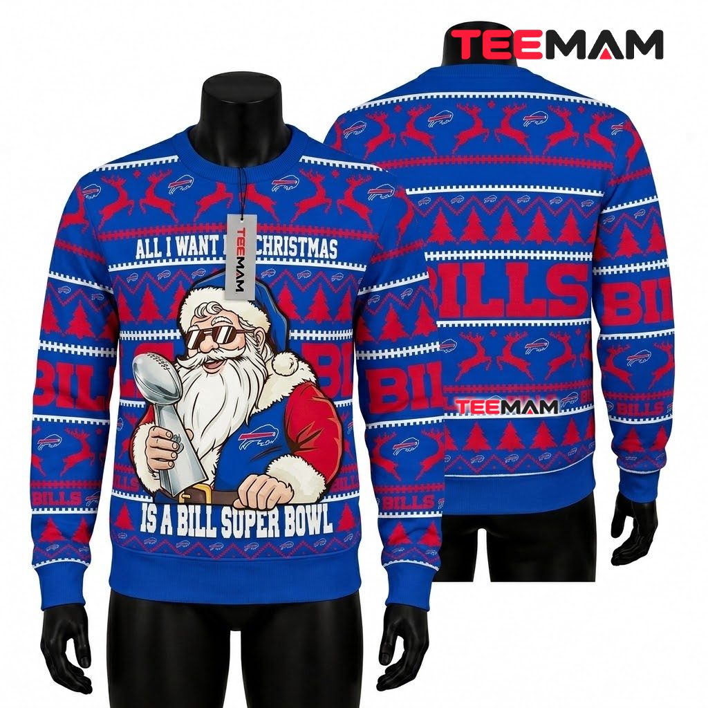 Buffalo Bills Ugly Christmas Sweater Santa Super Bowl Trophy Front