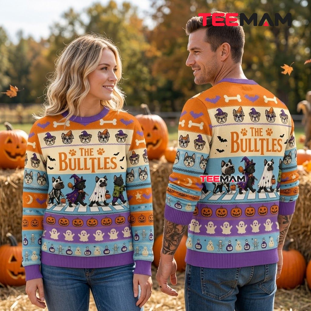 Bulldog Ugly Halloween Sweater The Bulltles Crosswalk Costume Back Bulldog Ugly Halloween Sweater The Bulltles Crosswalk Costume Back