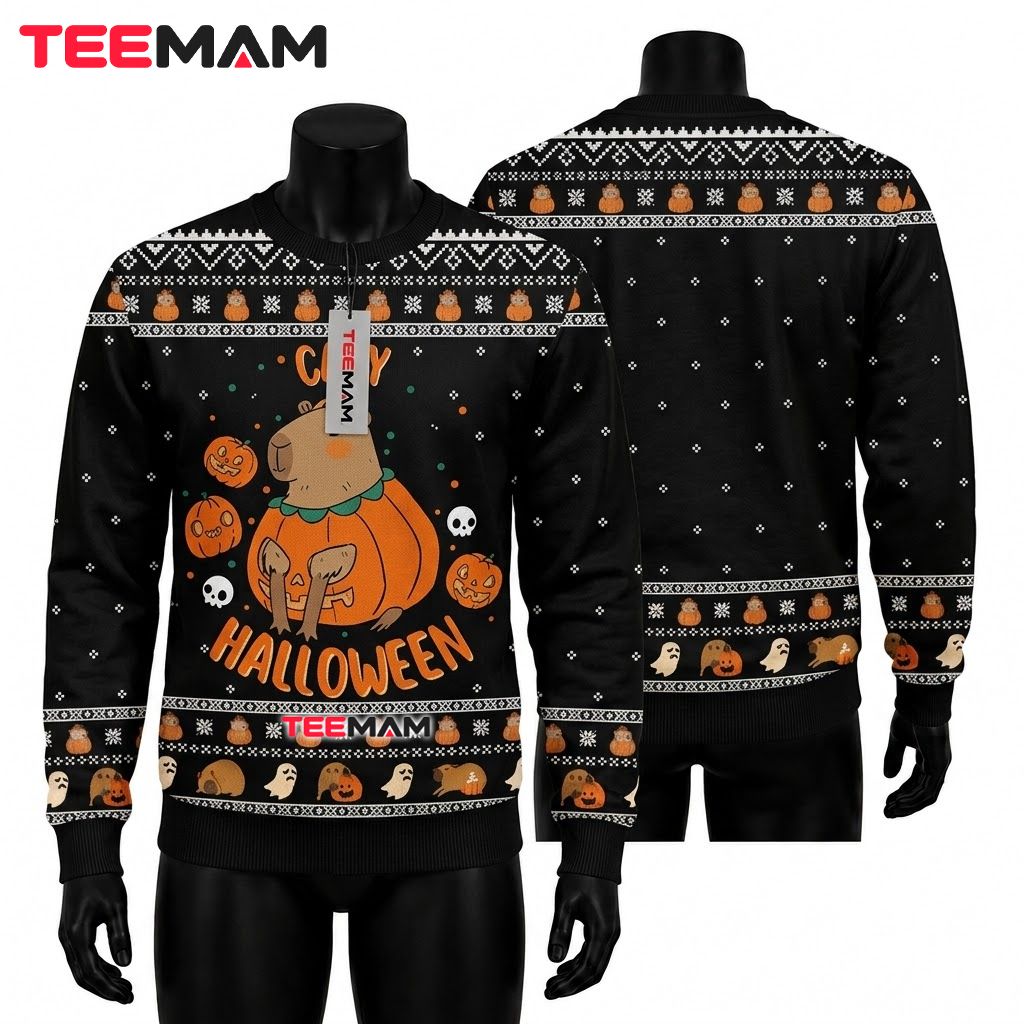 Capybara Ugly Halloween Sweater Capy Pumpkin Skull Print Front
