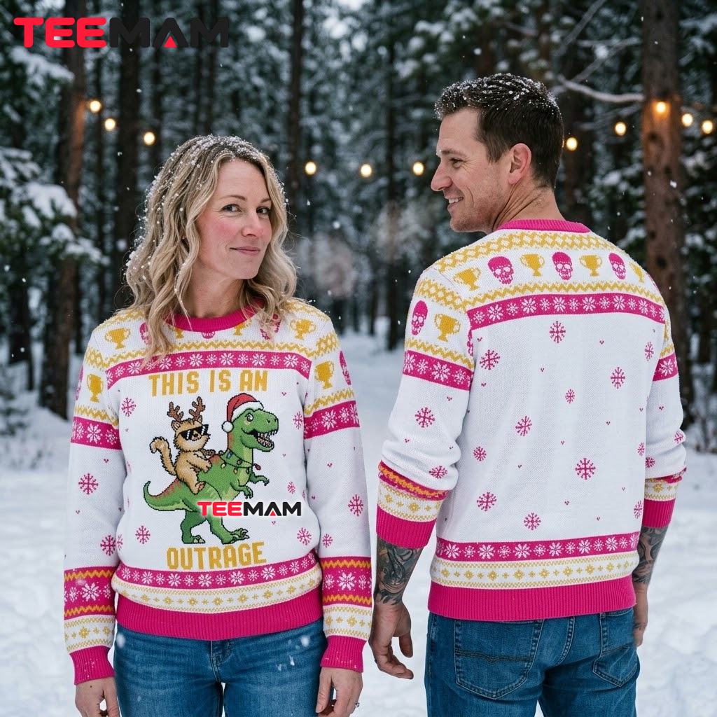 Cat Riding Dinosaur Ugly Christmas Sweater This Is An Outrage Back Cat Riding Dinosaur Ugly Christmas Sweater This Is An Outrage Back