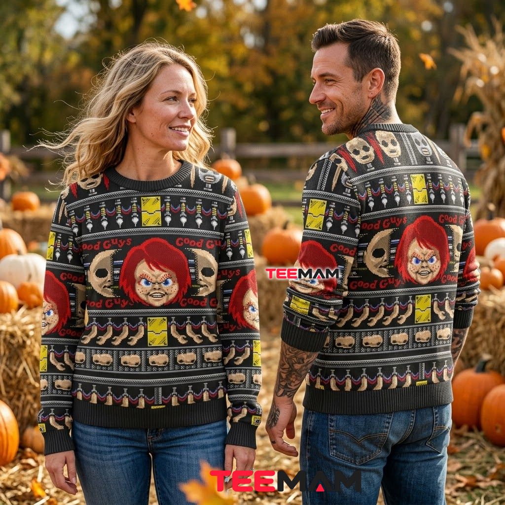 Chucky Ugly Halloween Sweater Good Guys Doll Factory Back Chucky Ugly Halloween Sweater Good Guys Doll Factory Back